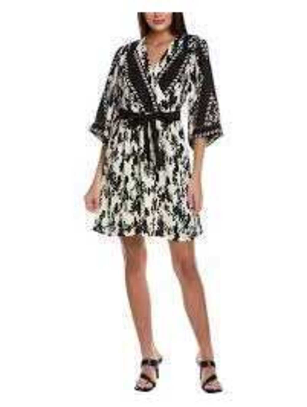 Cabi EUC Women's X Factor Black White Geo Floral Faux Wrap V-Neck Dress Size S